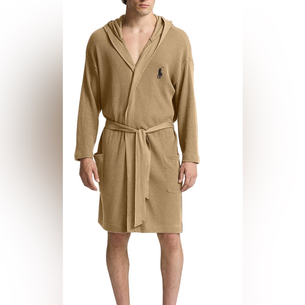 POLO RALPH LAUREN Hooded Thermal Robe Waffle Knit MENS L XL Tan